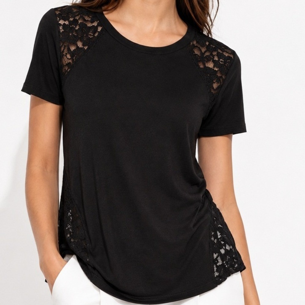 Express Womens Black Lace Panel Short Sleeve Crew Neck Top Size S High Low Hem